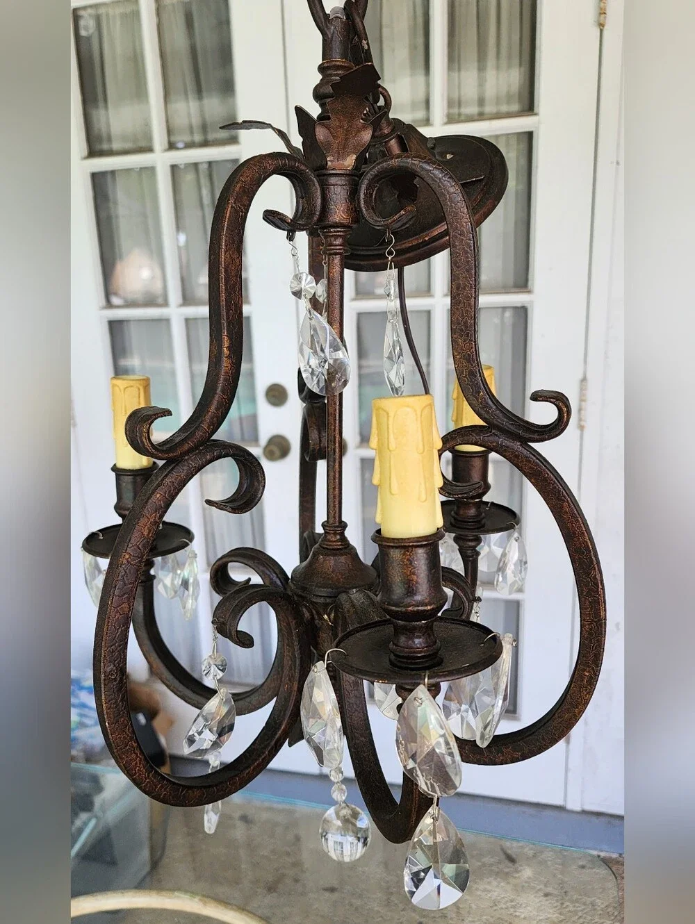 Vintage Bronze Crystal Leaf Semi Flush Mini Chandelier, Rare & Unique